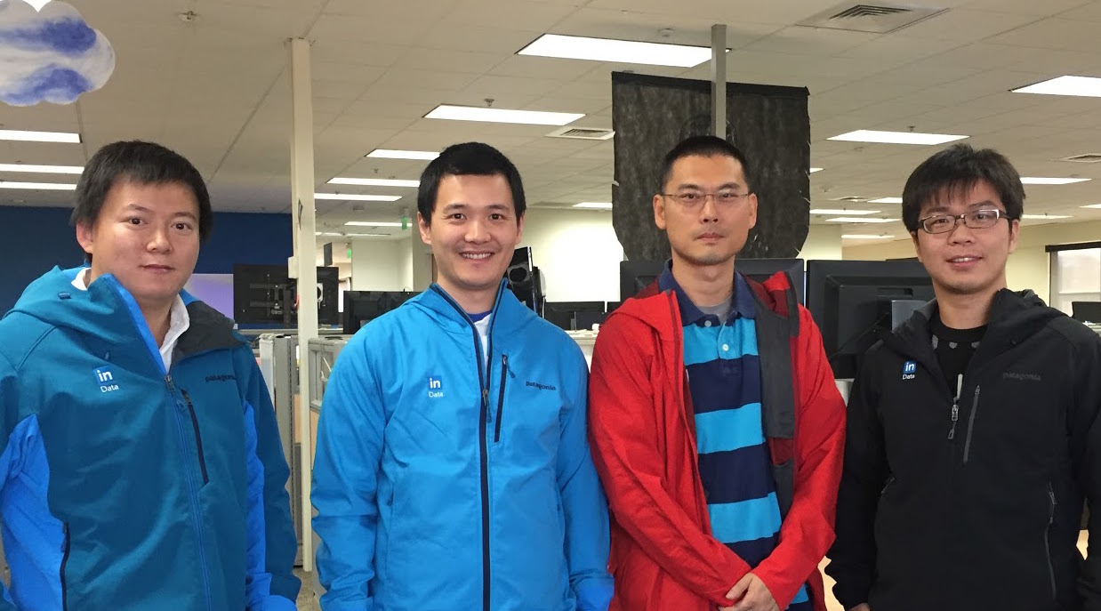 The WhereHows team from left to right, Jianyong Bai, Zhen Chen, Eric Sun, and Zhaonan Sun
