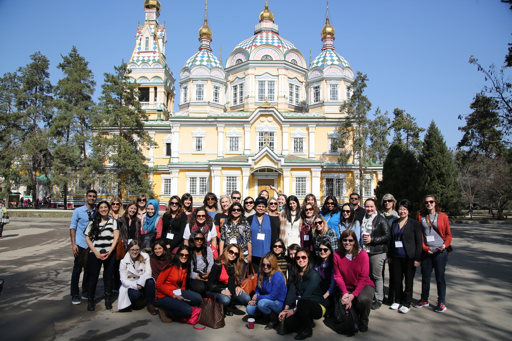 The TechWomen delegation in front of Zenkov Cathedral in Almaty