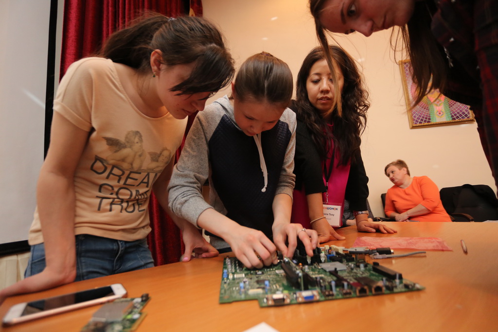 irls on motherboard exercise at local orphanage in Astana