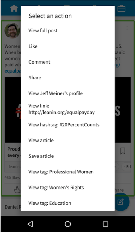 Screenshot of accessibility actions in LinkedIn news feed on Android